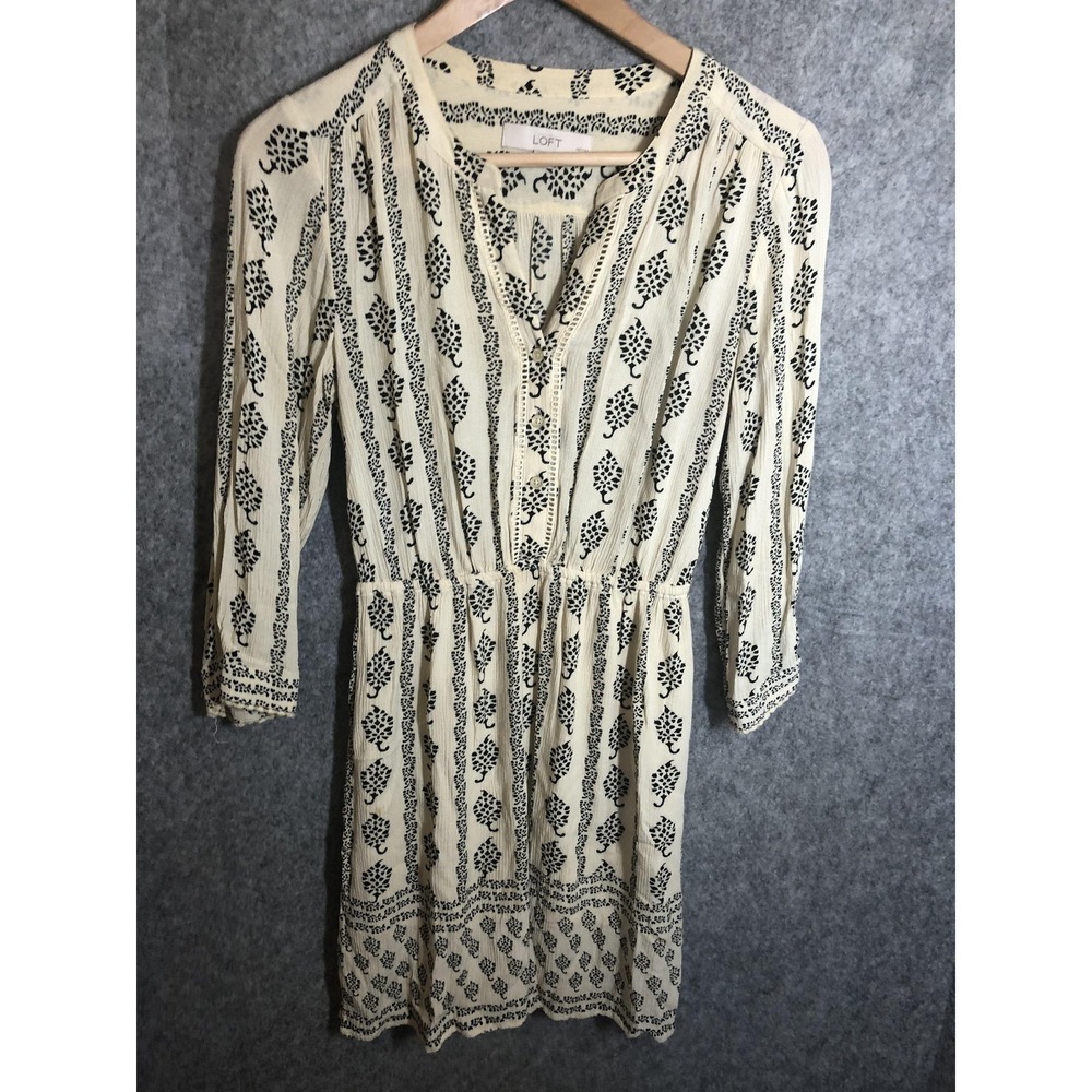 LOFT Dress Womens XSP White Floral Rayon‎ 3/4 Sleeve V-Neck Lined Button Front